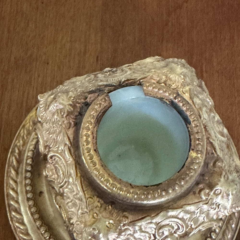 Antique French Opaline Glass And Brass Inkwell w/Jeweled Top - Picture 8 of 10